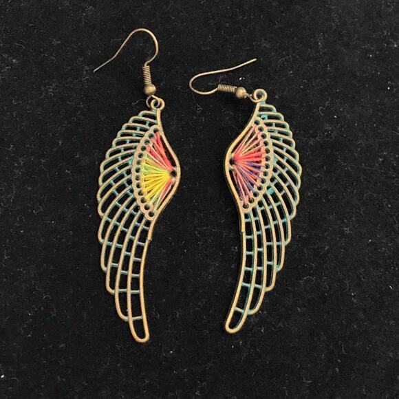 Bohemian Feather Wing Colored Beads And Green Patina On Brass Earrings - Picture 5 of 12